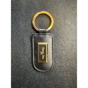 Vtg Christian Dior Black Leather Gold-Tone Medallion Bag Charm Signed Key ring